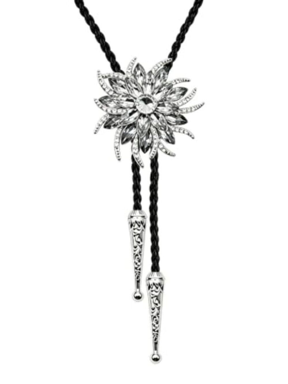 Crystal Floral Bolo Tie for Women Sparkly Flower Rhinestone Necktie